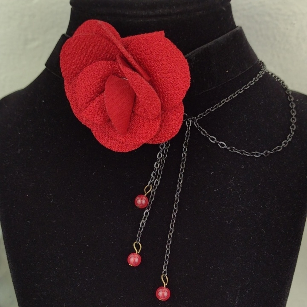 Red Rose Black Velvet Choker Necklace with Hanging Red Bead Chains